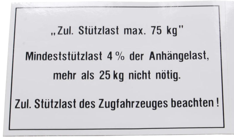 Bünte stützlastschild anhänger load plate 75 kg 105x74 mm