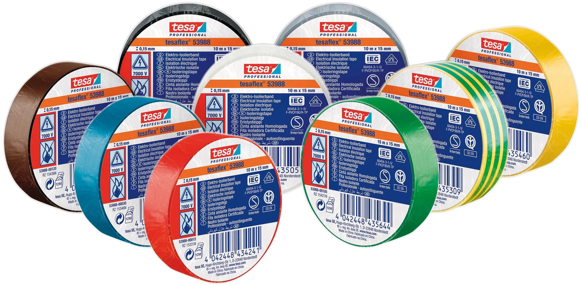 Tesa 53988-00135-00 isolatietape professional bruin, groen, geel, wit, grijs, blauw, rood, zwart, zwart (l x b) 10