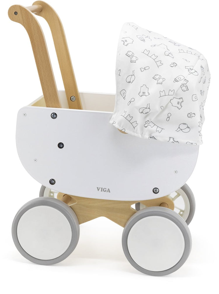 Viga toys® - poppenwagen met verstelbare stoffen kap - wit
