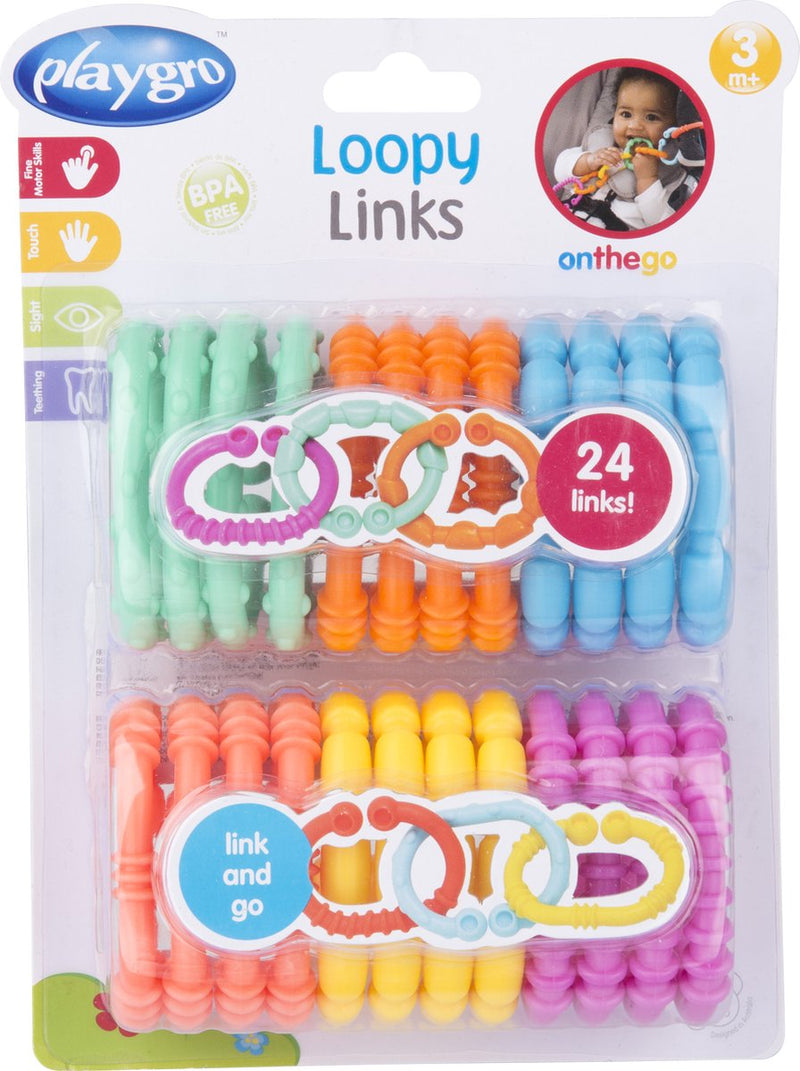 Playgro gekleurde schakelringen - loopy loops - kinderwagen accessoires - 24 stuks - verschillende bijtprofielen - baby speelgoed - bijtspeelgoed baby - bijtringen - speelgoedringen
