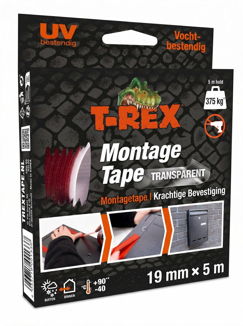 T-rex montagetape – extra sterke dubbelzijdige tape voor montage binnen en buiten – permanente bevestiging zonder boren of schroeven – draagvermogen tot 375 kg – 19 mm x 5 m
