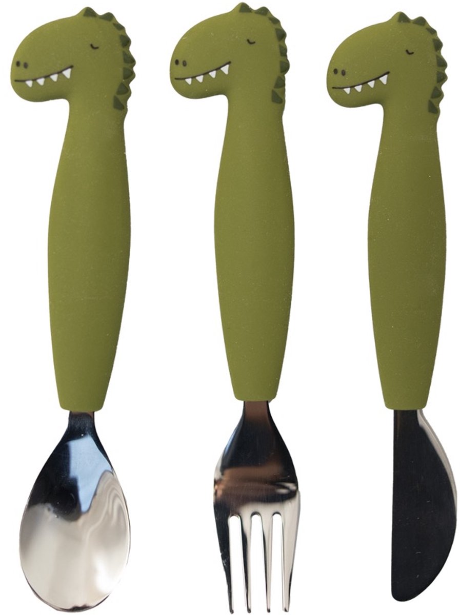 Trixie baby bestek - mr. dino - eetset met lepel, vork en mes - babybestek van siliconen - geschikt voor de vaatwasser