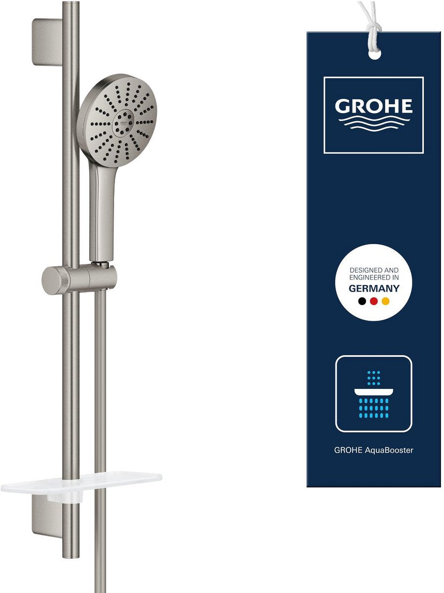 Grohe vitalio joy+ 120 doucheset met douchestang – met douchekop, doucheslang zeepschaal – 3 straalsoorten – aquabooster – waterbesparend (7l min) – supersteel