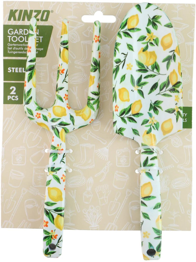Kinzo tuingereedschap set 2-delig - tuingereedschapset met plantschep en handvork - tuinschep staal en handvork tuin - decoratief tuingereedschap bloemenmotief