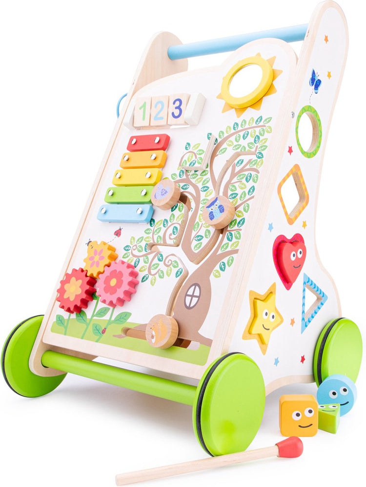 Woet ® houten activiteiten loopwagen - duwwagen met vormen, muziek en spelletjes - babywalker - vanaf 1 jaar