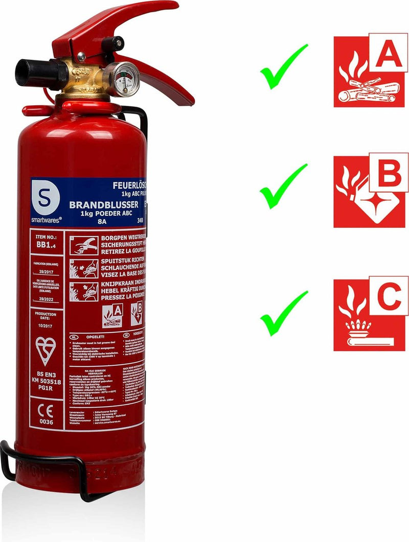 Smartwares 10.018.56 - brandblusser poeder 1kg - incl ophangbeugel - brandklasse abc - bsi gecertificeerd