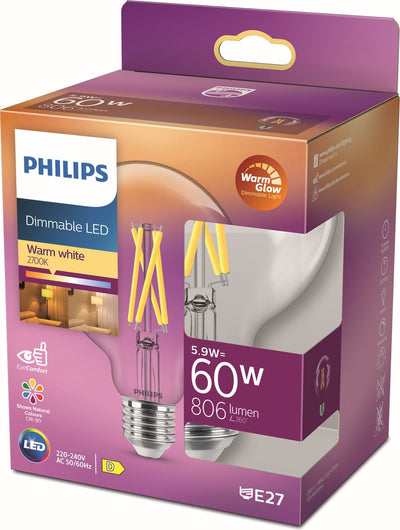 Philips led globe transparant - 60 w - e27 - dimbaar warmwit licht