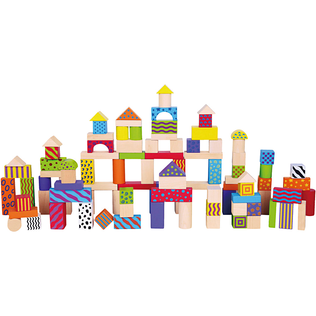 Vigatoys viga toys blokkenset kleurrijk 100 stuks multicolor - educatief houten speelgoed - blokken set voor creatief spelen - vrolijke kleuren en print - geschikt voor kinderen vanaf 18 maanden