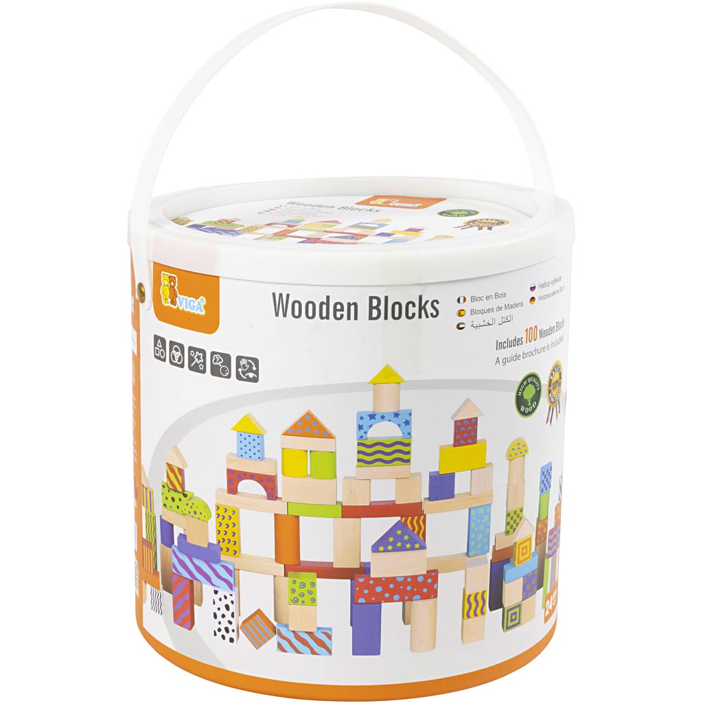 Vigatoys viga toys blokkenset kleurrijk 100 stuks multicolor - educatief houten speelgoed - blokken set voor creatief spelen - vrolijke kleuren en print - geschikt voor kinderen vanaf 18 maanden