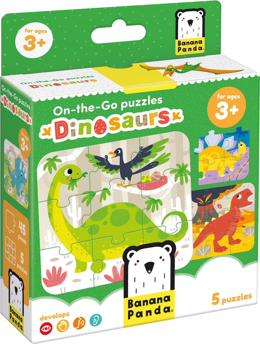 Banana panda on-the-go puzzel dinosaurussen 3+ - vijf puzzels van 9 stukjes - leuk dino puzzel speelgoed.