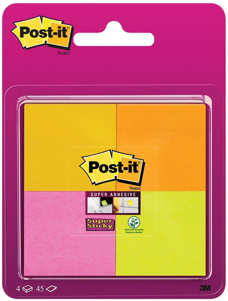 Post-it® super sticky notes, sprankelende kleuren, 47,6 x 47,6 mm -neon geel, neon roze, neon oranje, neon groen, 4 blokken