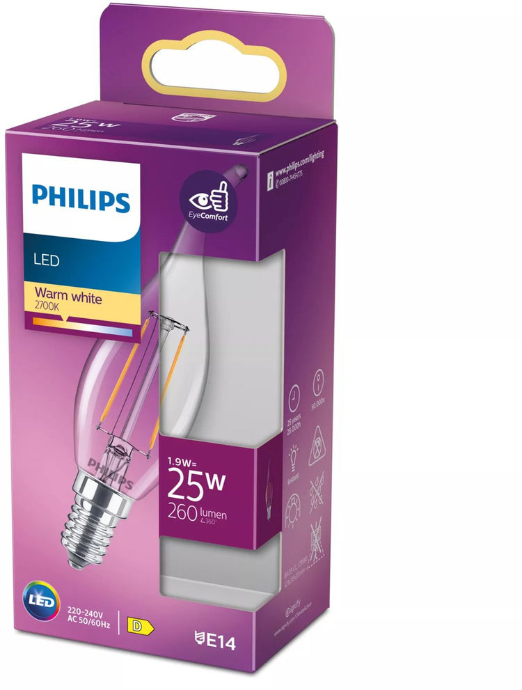 Philips led lamp - kaarsvlam lampvorm met e14 fitting - warmwit licht: 2700k - 25w - helder glas