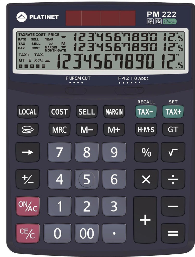 Platinet pmc222te bureaucalculator - rekenmachine 12 cijfers max. 3 lijnen, tax functie en zonneenergie