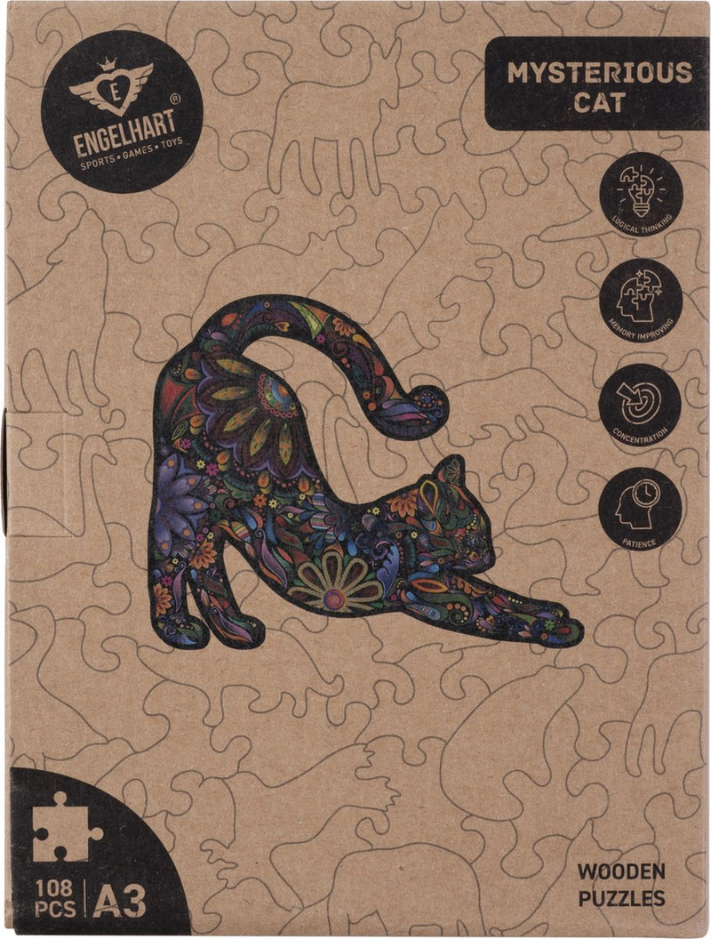 Engelhart houten puzzel kat – 108 unieke puzzelstukjes – a3 formaat grote houten legpuzzel – dieren puzzelspel – compact en ontspannend denkspel – inclusief opbergetui –