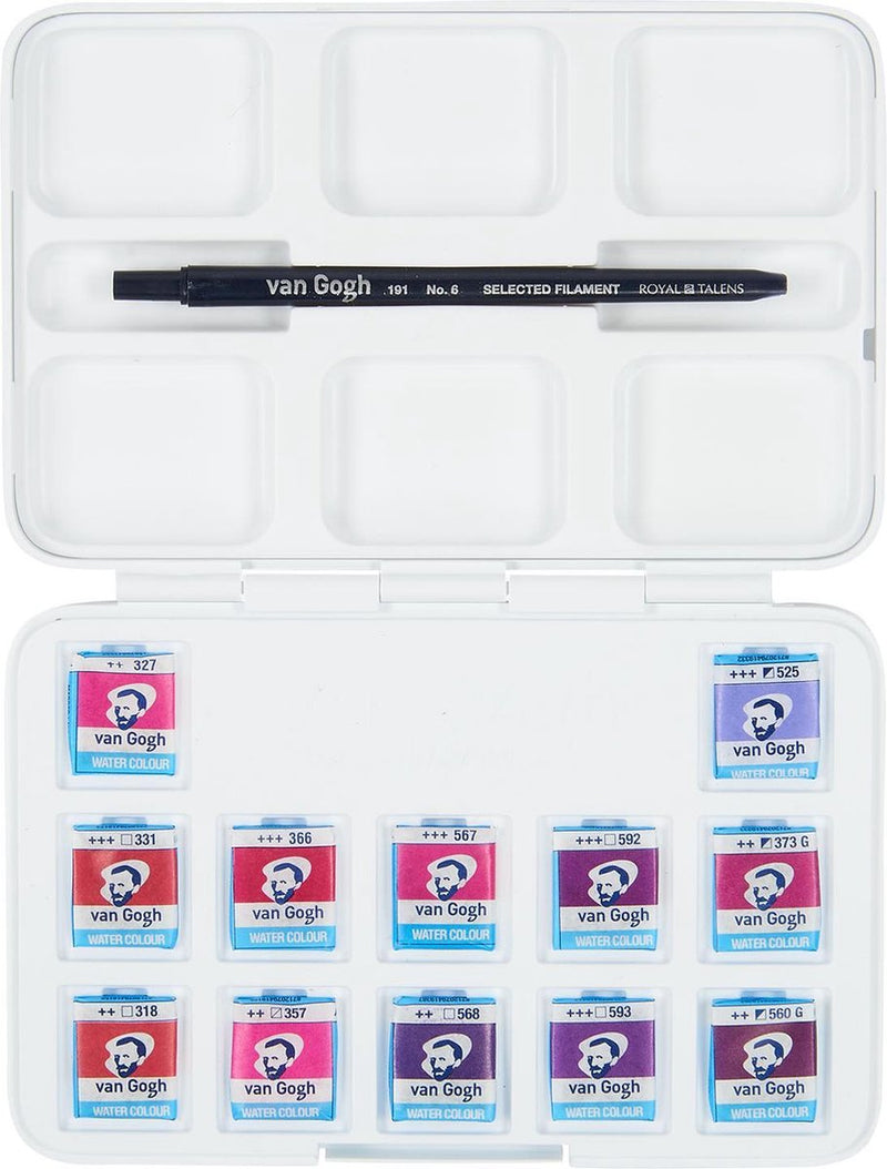 Van gogh aquarelverf pocket box roze en violetten met 12 kleuren in halve napjes