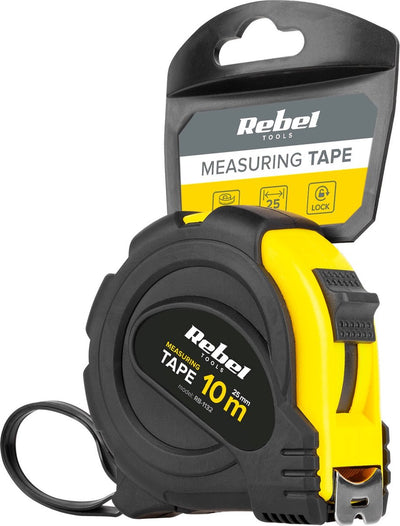 Rebel - stalen meetlint - 10 m - 25 mm breed - slot en automatische terugtrekking - ergonomische kunststof behuizing - riemclip