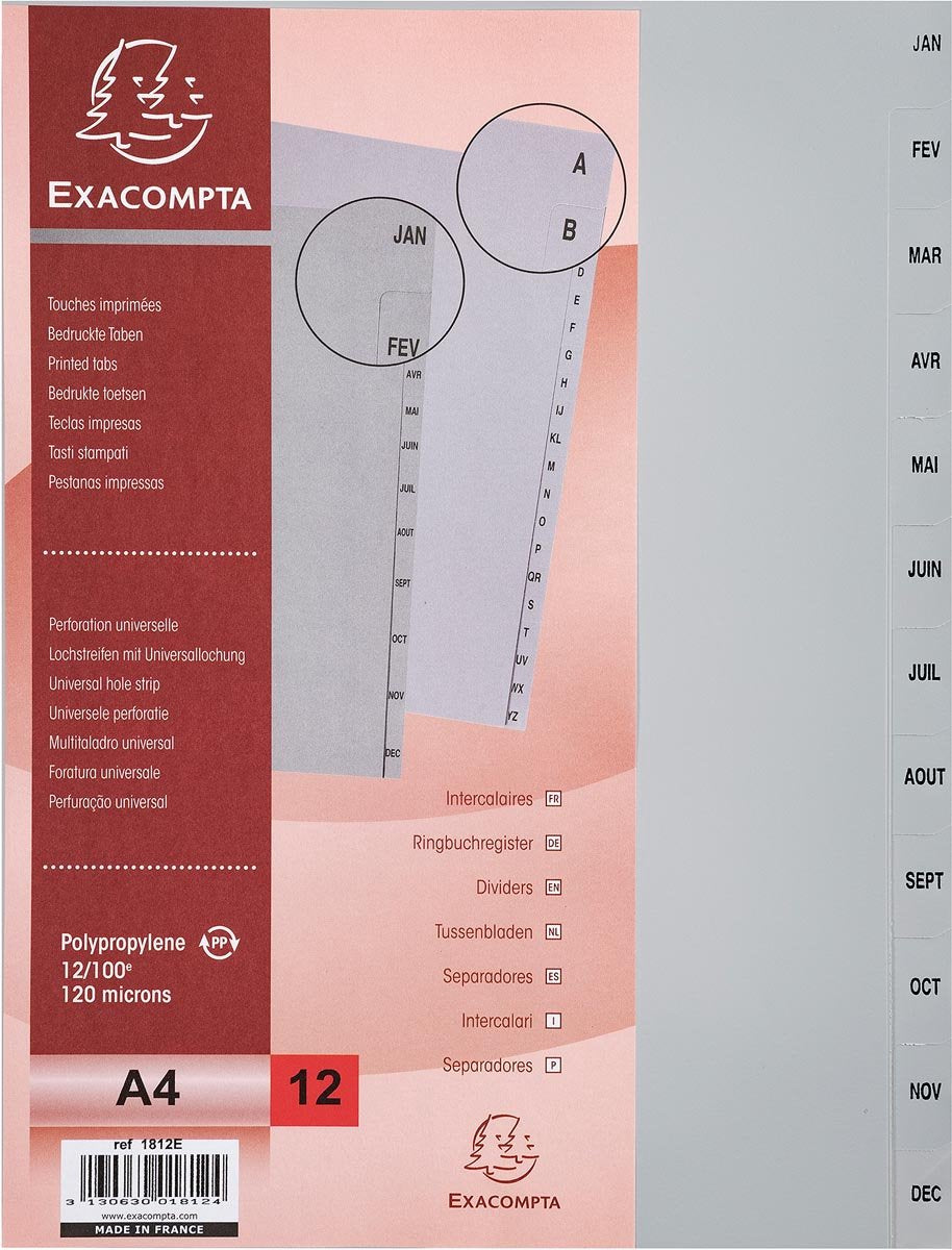 Exacompta tabbladen maandelijks a4, uit pp, 12 tabs, jan-dec, grijs, frans