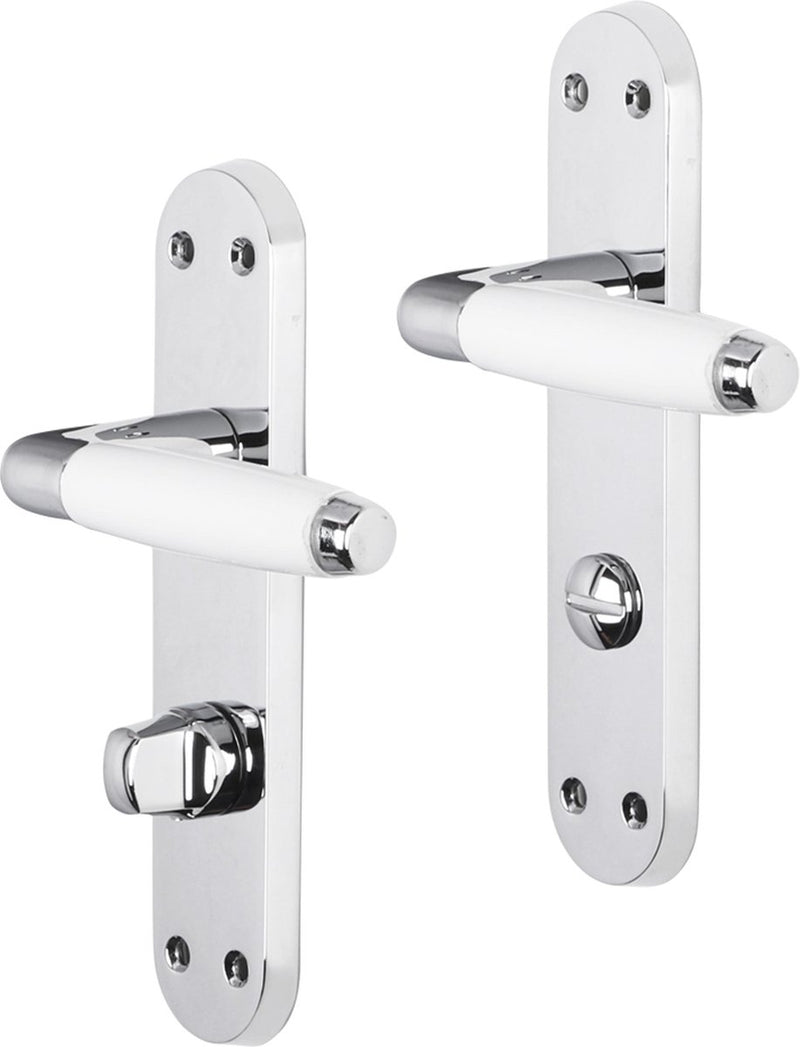 Impresso deurkruk - durban - voor binnen - ovaal deurschild met schroeven en toiletsluiting - chroom - wit - 2 stuks
