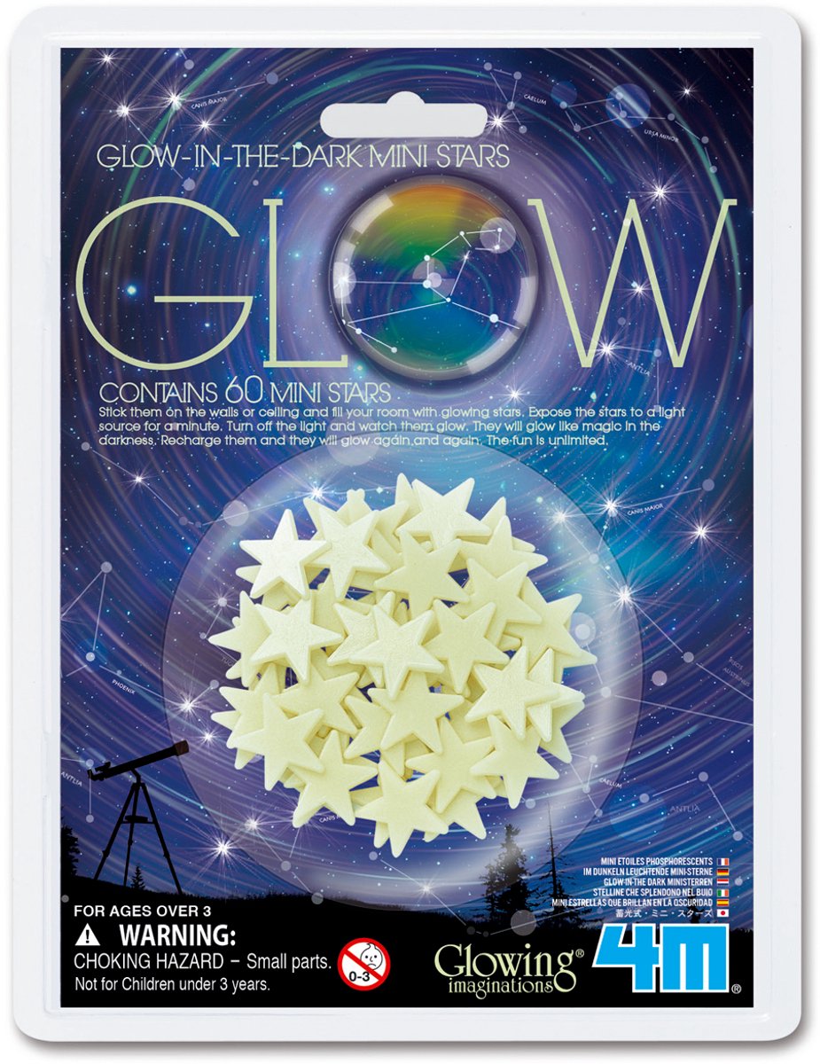 4m glow in the dark stickers - mini-sterren - 60 sterretjes - muurdecoratie kids - 3 jaar