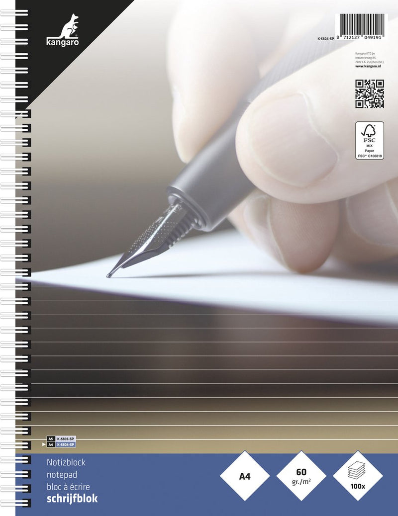 Kangaro schrijfblok - a4 - met lijn - spiraal - 60 grams - 200 pagina's - k-5504-sp