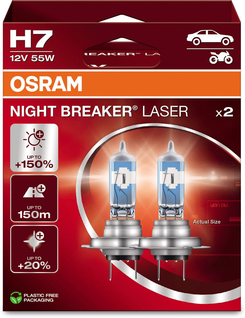 Osram night breaker laser - h7 halogeen autolampen – tot 150% meer licht en 150m zicht - 64210nl-2hb - duitse kwaliteit - set 2 lampen