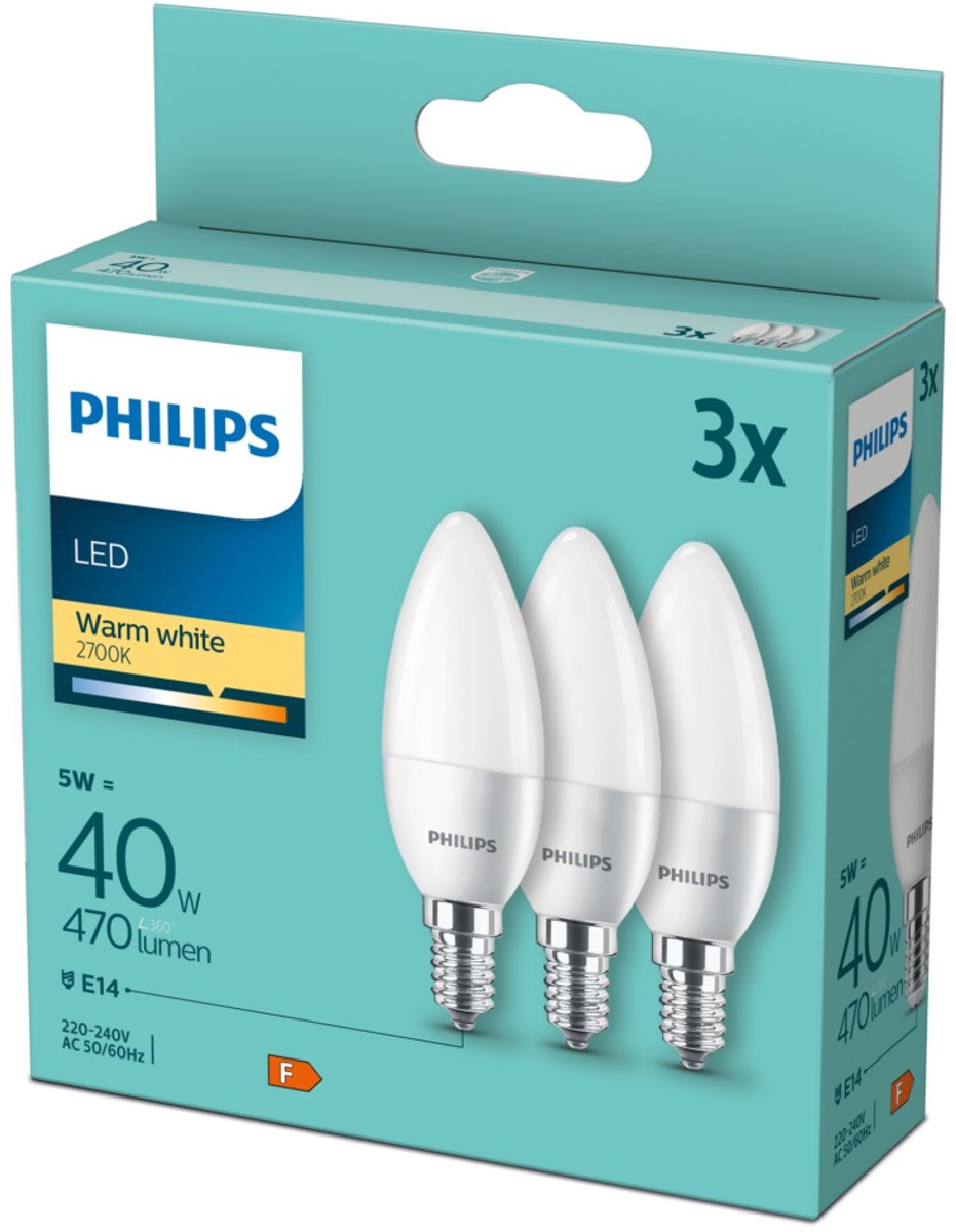 Philips led voordelpak 3 stuks kaarslamp e14 5w - 2700k 470lm 230v - mat - b35 - vervangt 40w - warm wit licht