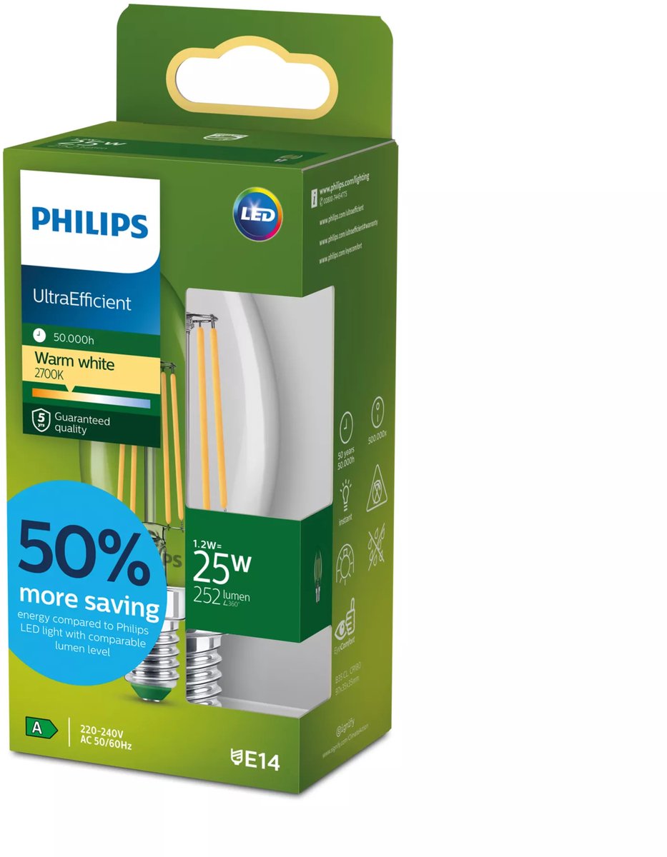 Philips led philips ultraefficient led lamp - 25w - e14 fitting - warmwit licht: 2700k - helder glas - b35 kaarslamp - lange levensduur