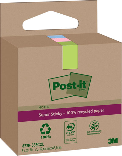 Post-it super sticky notes recycled | 70 vel | ft 47 | 6 x 47 | 6 mm | assorti | pak van 3 blokken