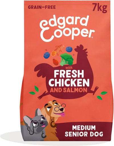 Edgard cooper senior hondenbrokken voor medium honden, verse kip en zalm, 7kg, graanvrijrecept met extra glucosamine, natuurlijke ingrediënten, perfecte vezelbalans