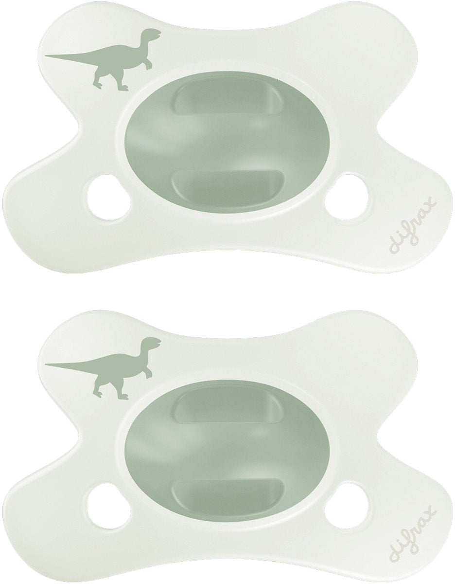 Difrax fopspeen natural - 0 tot 6 maanden - dino - groen dinoprint - 2 stuks