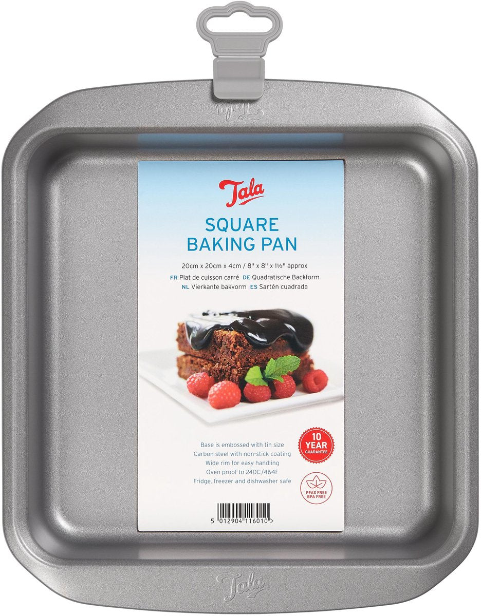 Tala everyday – vierkante bakvorm – 20 x 20 cm – carbonstaal – met antiaanbaklaag – brede handgrepen stapelbaar – voor brownies, cake lasagne - buitenmaat 25 x 25 cm