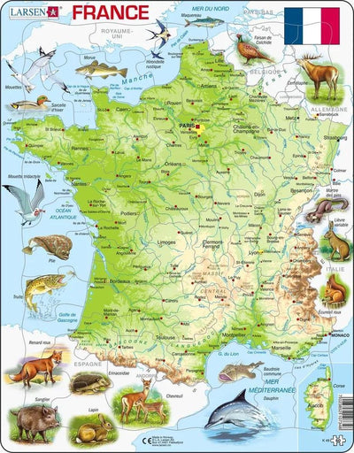 Larsen carte physique de la france – puzzle – france – géographie physique – puzzle éducatif pour enfants – 60 pièces – fabriqué en norvège – pièces extra épaisses de 2,5 mm – plateau avec bord fixe
