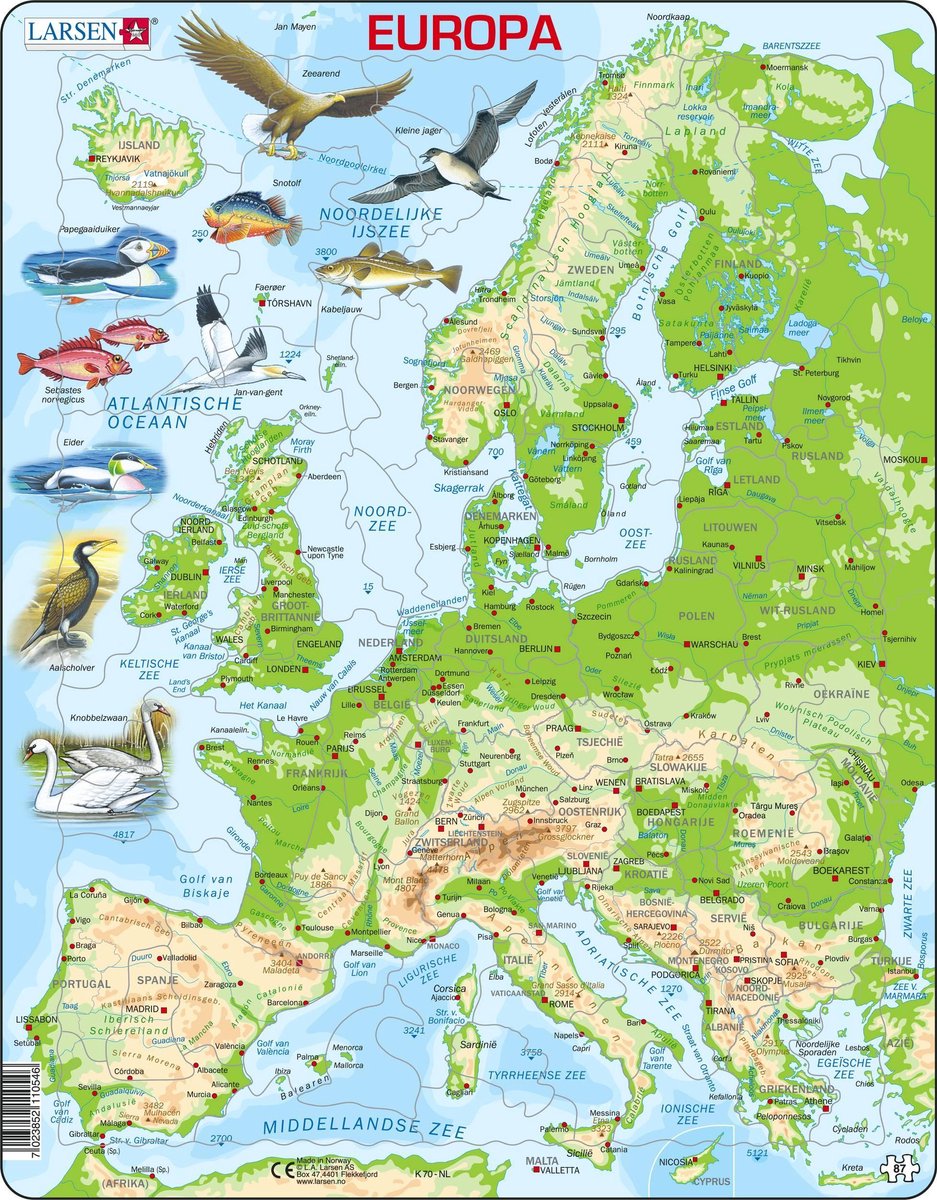 Larsen legpuzzel kaart europa - geografisch met dieren, 87st.