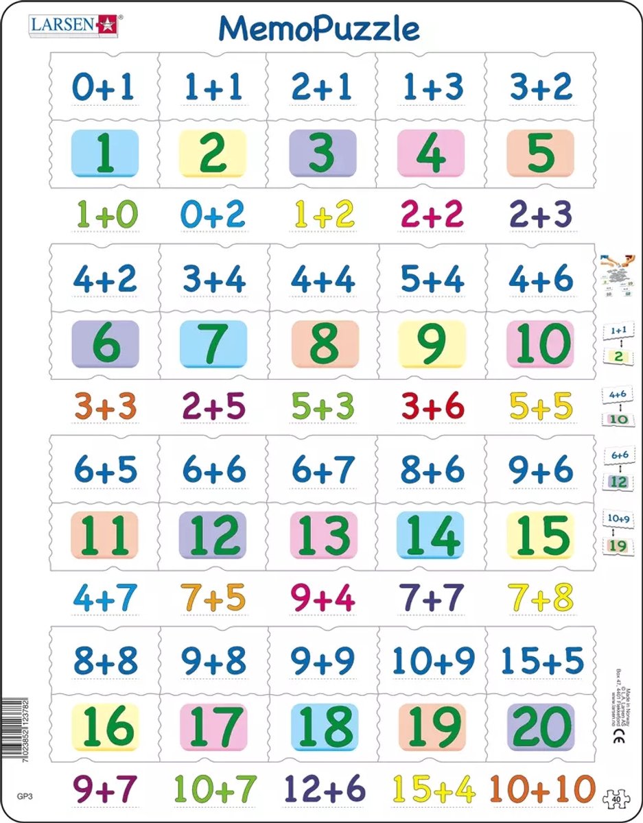 Larsen optellen met cijfers van 0–20 – puzzel – leren rekenen – optellen – educatieve legpuzzel voor kinderen – 40 stukjes – gemaakt in noorwegen – extra dikke 2,5 mm stukjes – tray met vaste rand