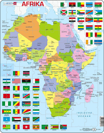 Larsen afrika met vlaggen – puzzel – kaarten geografie – vlaggen afrika – educatieve legpuzzel voor kinderen – 70 stukjes – gemaakt in noorwegen – extra dikke 2,5 mm stukjes – tray met vaste rand