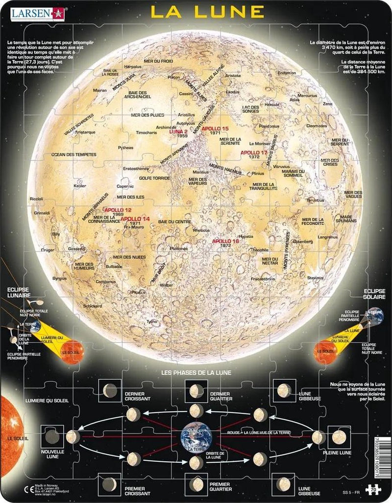 Larsen la lune – puzzle – espace – lune et astronomie – puzzle éducatif pour enfants – 70 pièces – fabriqué en norvège – pièces extra épaisses de 2,5 mm – plateau avec bord fixe