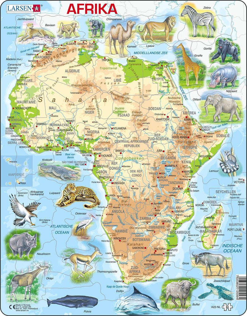 Larsen afrika geografisch met dieren – puzzel – kaarten geografie – afrika – educatieve legpuzzel voor kinderen – 63 stukjes – gemaakt in noorwegen – extra dikke 2,5 mm stukjes – tray met vaste rand