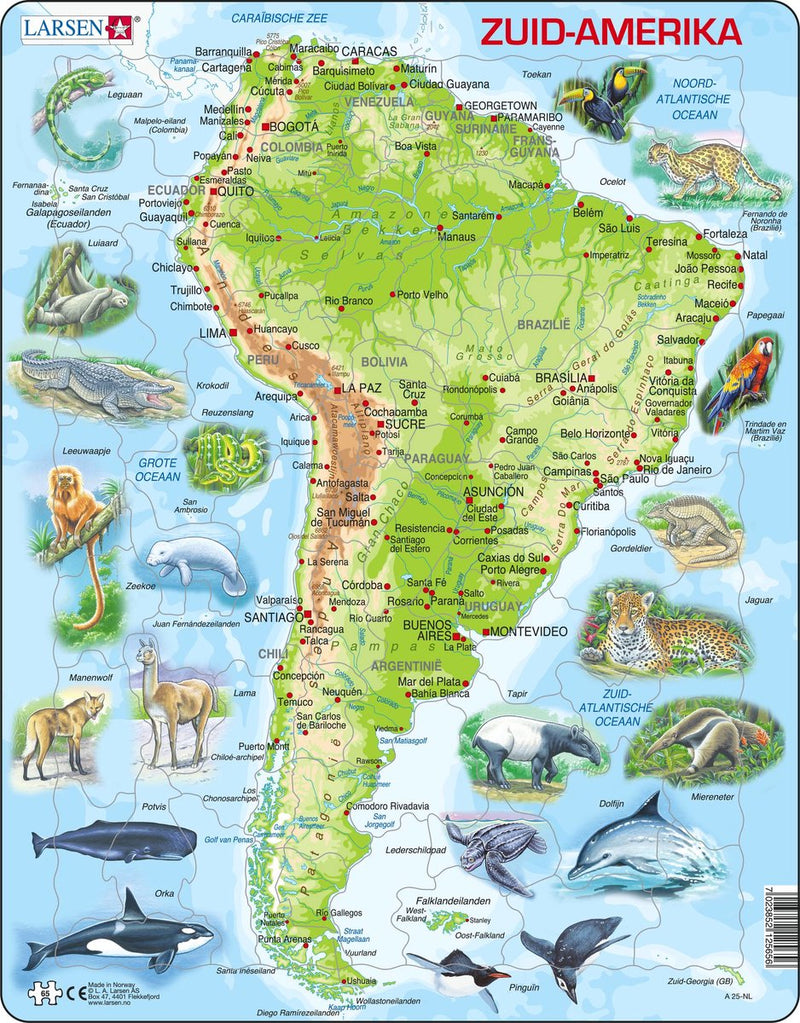 Larsen zuid-amerika geografisch met dieren – puzzel – kaarten geografie – zuid-amerika – educatieve legpuzzel voor kinderen – 65 stukjes – gemaakt in noorwegen – extra dikke 2,5 mm stukjes – tray met vaste rand