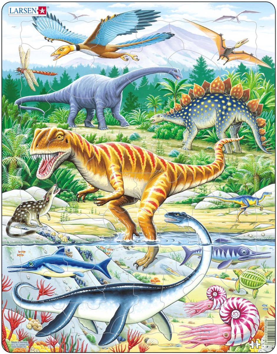 Larsen dinosauriërs uit het jura-tijdperk – puzzel – dieren – prehistorie – educatieve legpuzzel voor kinderen – 35 stukjes – gemaakt in noorwegen – extra dikke 2,5 mm stukjes – tray met vaste rand