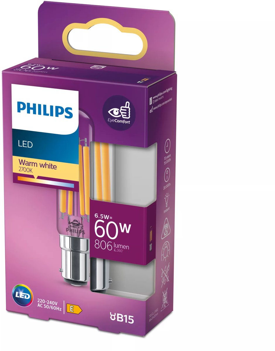 Philips led classic 60w t20l b15 ww cl nd verlichting