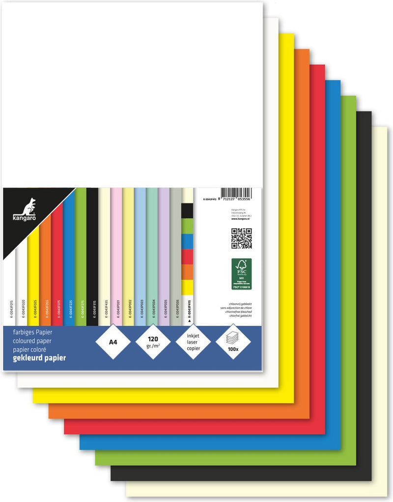 Kangaro kopieerpapier a4 120gr 100vel assorti kleuren in pak