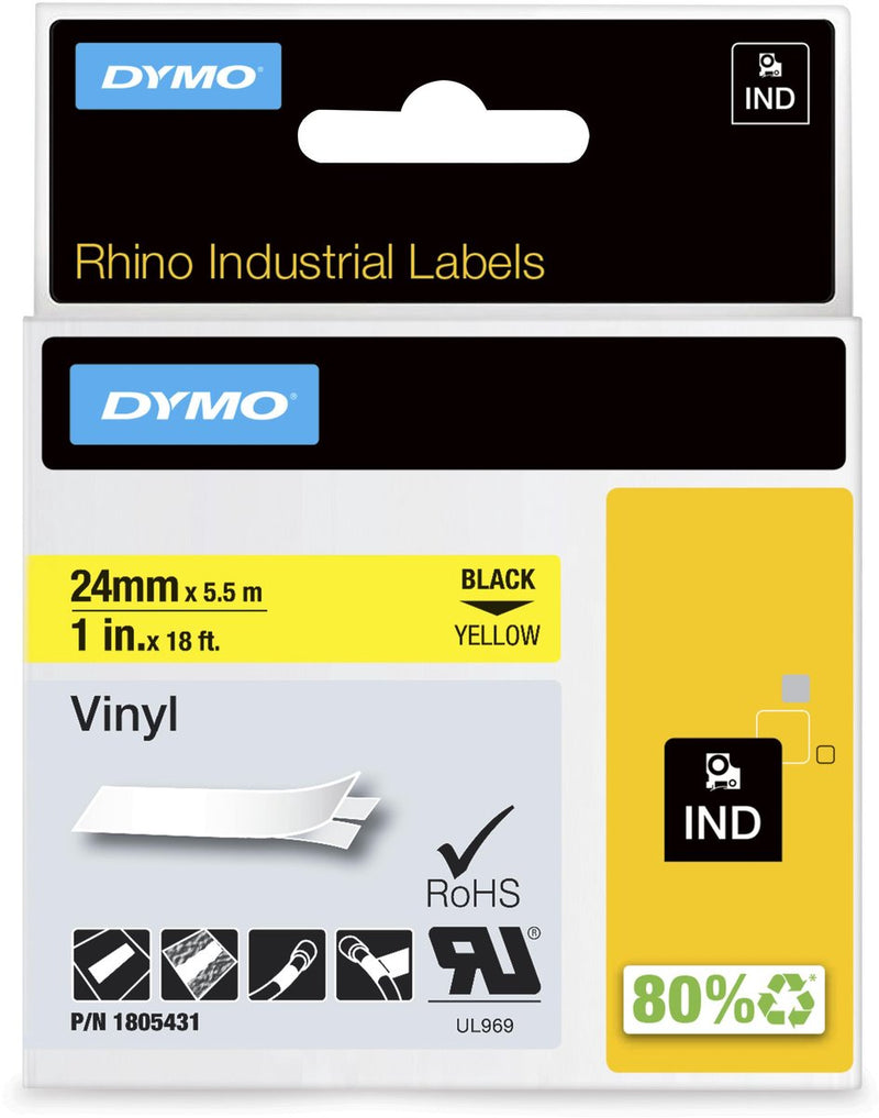 Dymo rhino industriële vinyl labels | 24 mm x 5,5 m | zwarte afdruk op geel | zelfklevende labels voor rhino labelmanager labelprinters