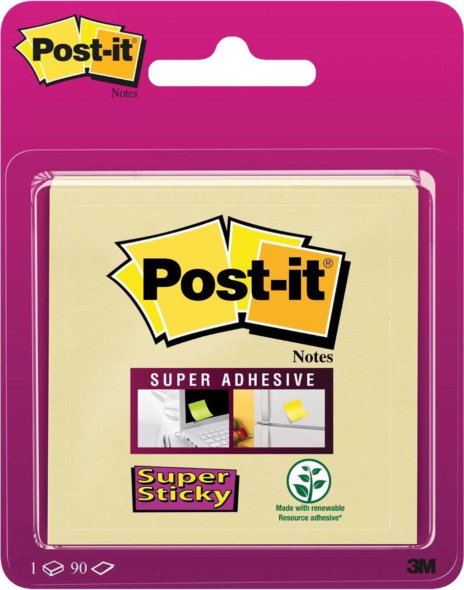 Post-it super sticky notes, ft 76 x 76 mm, geel, blister van 90 vel
