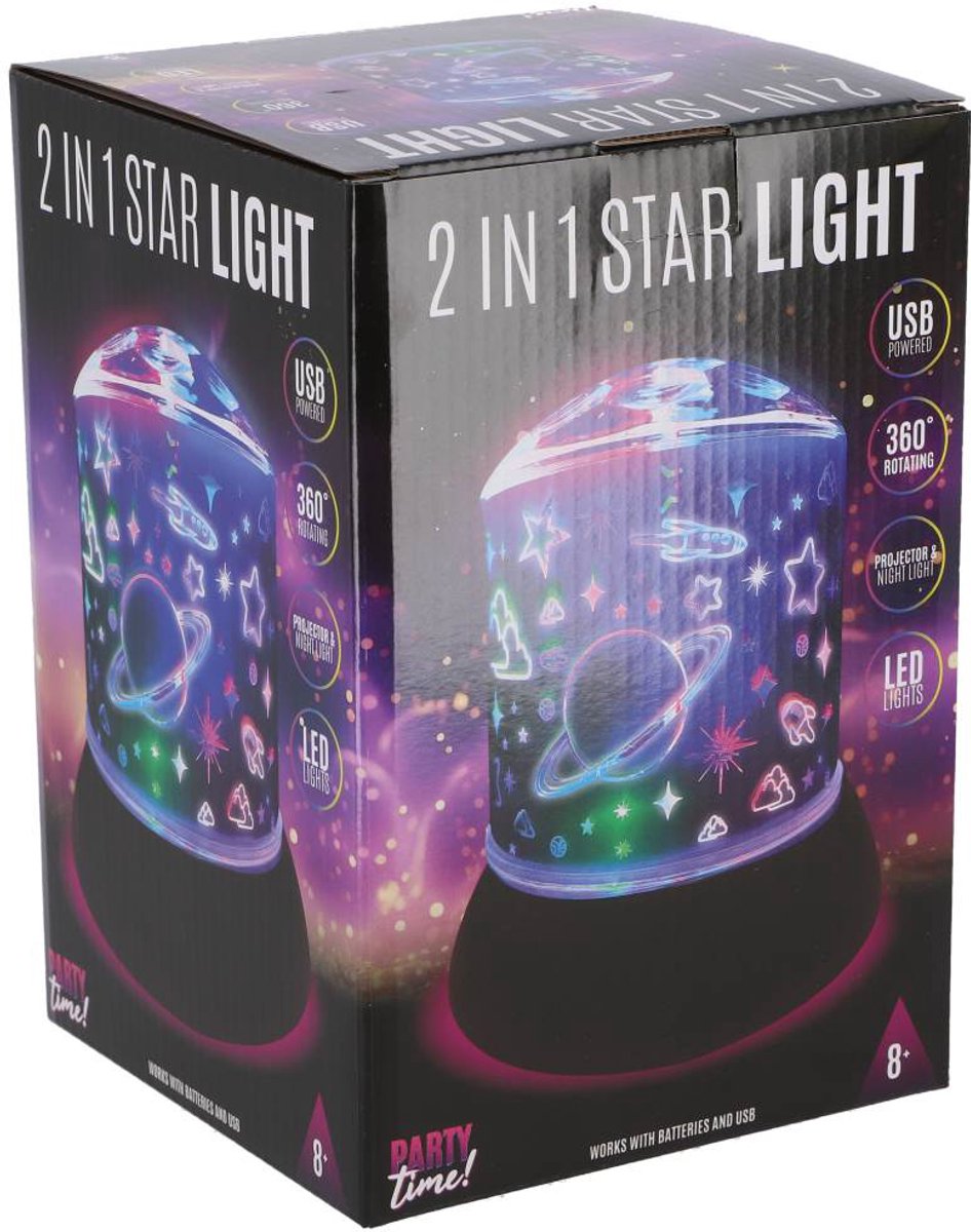 Party time led sterrenlamp 2 in 1 met zwarte voet voor magische sfeer.