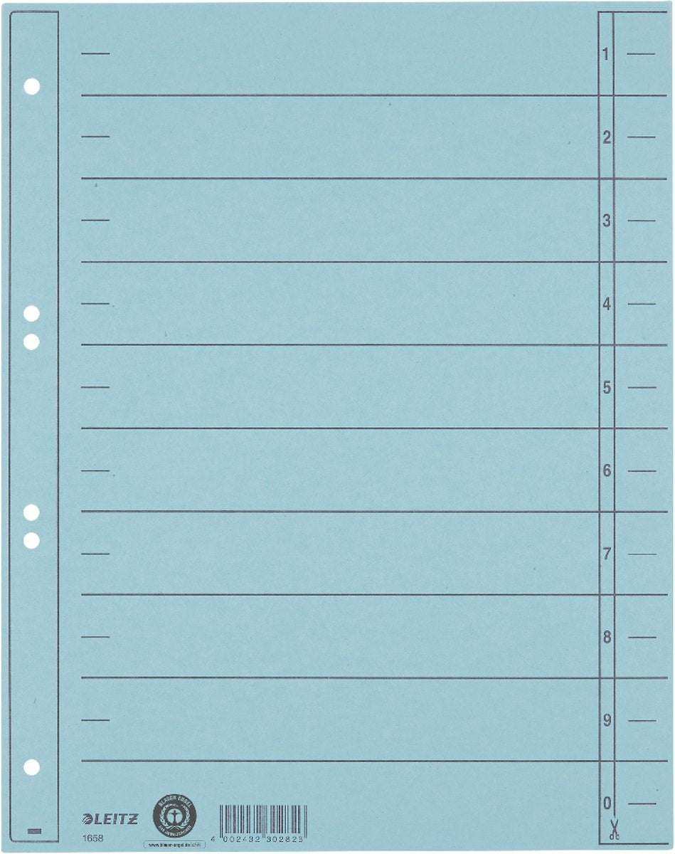 Leitz staffeltabblad karton - beschrijfbare tabs, 2 4-rings - voor ordners en ringbanden - lichtblauw