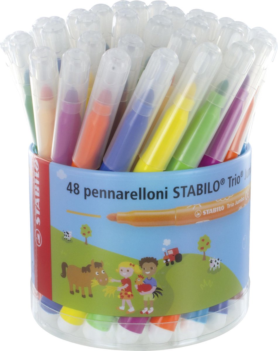 Stabilo trio jumbo - viltstift - robuuste xl-punt - 12 kleuren - plastic koker met 48 stuks