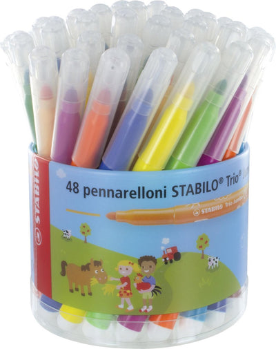 Stabilo trio jumbo - viltstift - robuuste xl-punt - 12 kleuren - plastic koker met 48 stuks