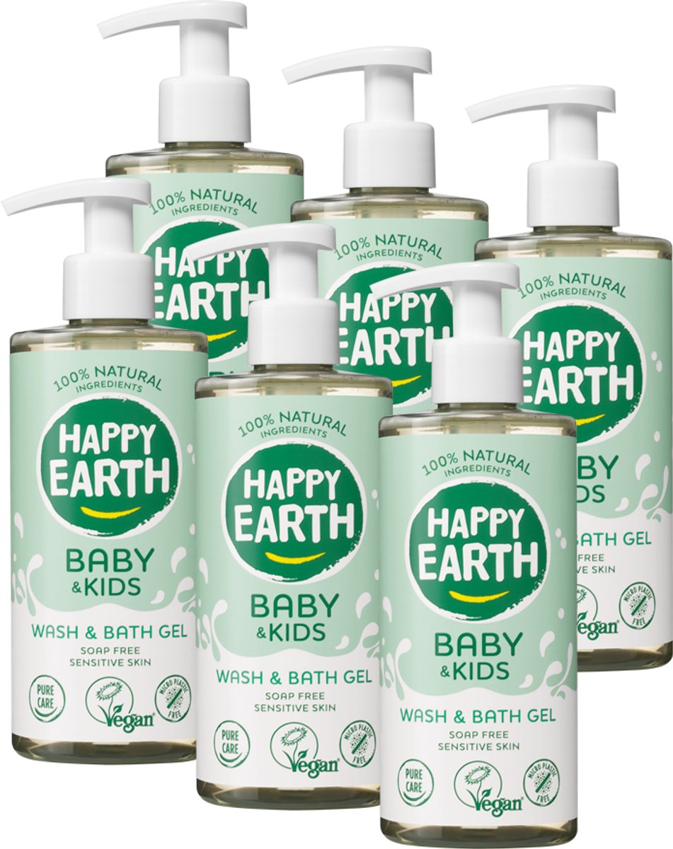 Happy earth bundel was badgel baby kids - 100% natuurlijke ingrediënten - microplasticvrij - 0% sls sles - babyverzorging – zeepvrij – geschikt voor pasgeborenen – 6 x 300ml - voordeelverpakking