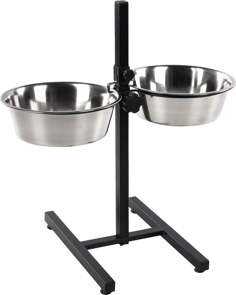 Flamingo voerbak hond – duo dinner staander otis zilver zwart 2x4l – verstelbare eet- en drinkpot met inox kommen