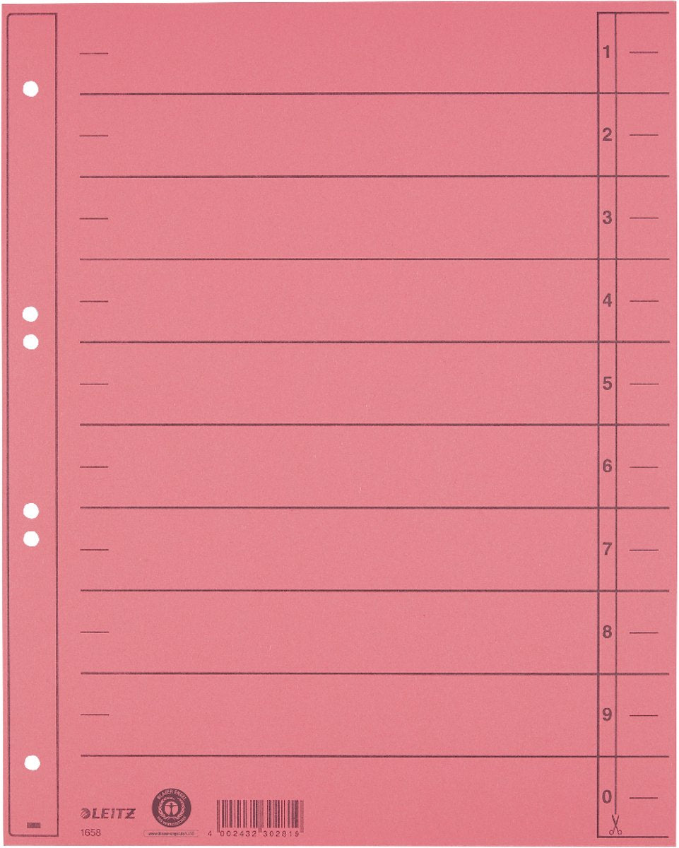 Leitz staffeltabblad karton - beschrijfbare tabs, 2 4-rings - voor ordners en ringbanden - rood